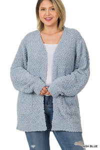 Plus Puff Sleeve Popcorn Cardigan With Pockets