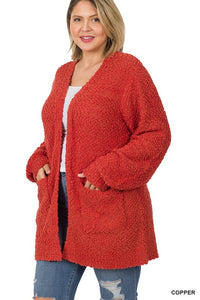 Plus Puff Sleeve Popcorn Cardigan With Pockets