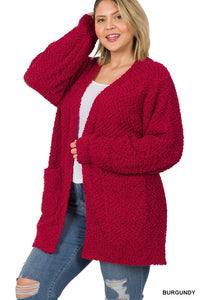 Plus Puff Sleeve Popcorn Cardigan With Pockets