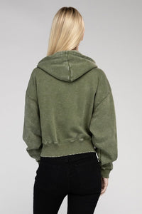 Acid Wash Fleece Cropped Zip-Up Hoodie