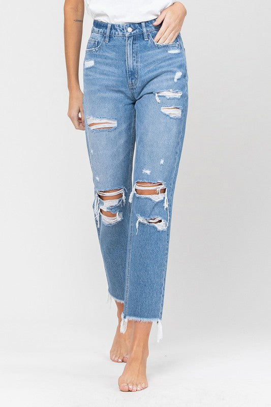 DISTRESSED RAW HEM MOM JEANS